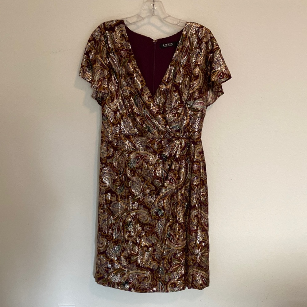 Lauren RL Dress Metallic Gold and Purple Paisley - Picture 4 of 6